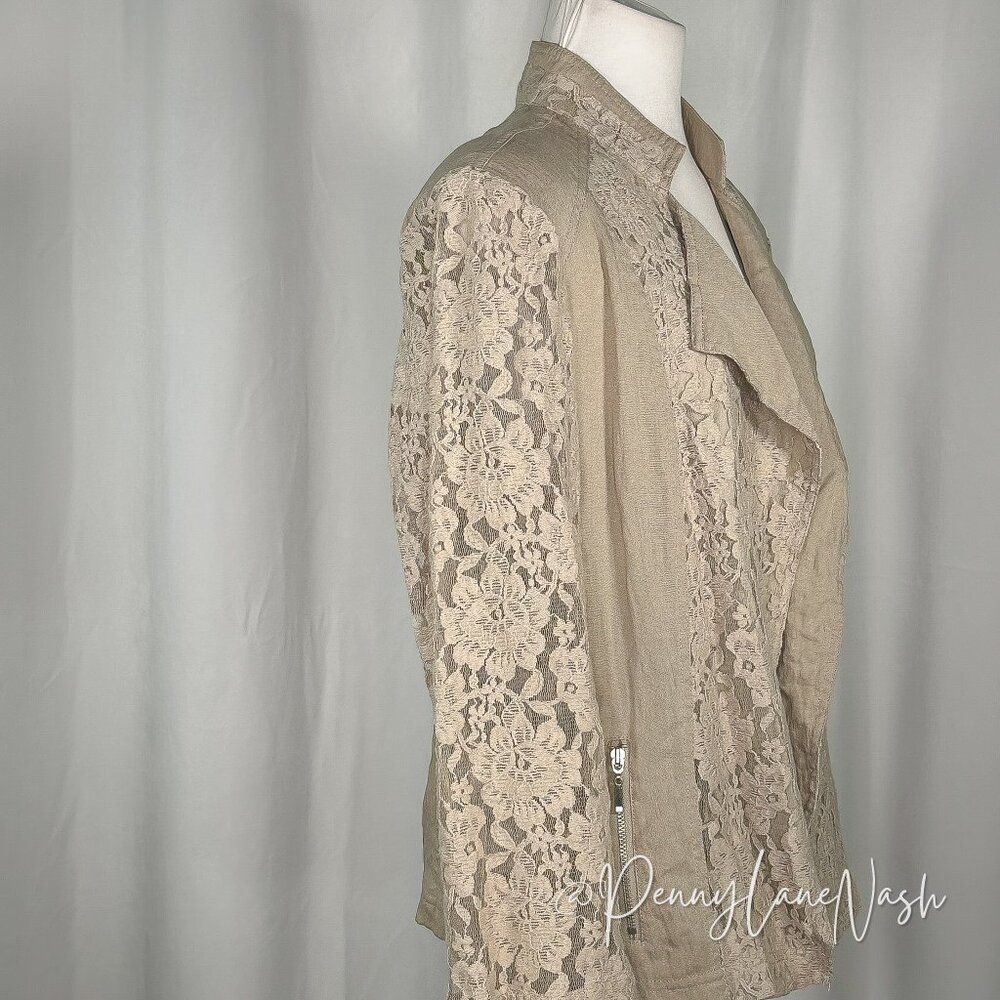 Chicos Lace Draped Open Front Jacket Size 2 Tan - Picture 6 of 12